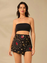 CAJUNI Women Boho Print, Star, Moon, Mushroom, Pineapple Print, Short Black Culottes, Summer Casual, Beach Holiday Shorts
